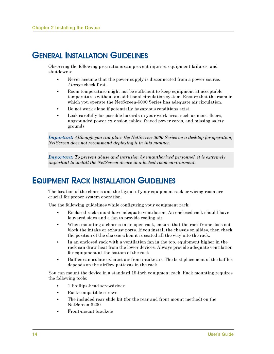 Juniper Networks 5000 manual General Installation Guidelines, Equipment Rack Installation Guidelines 