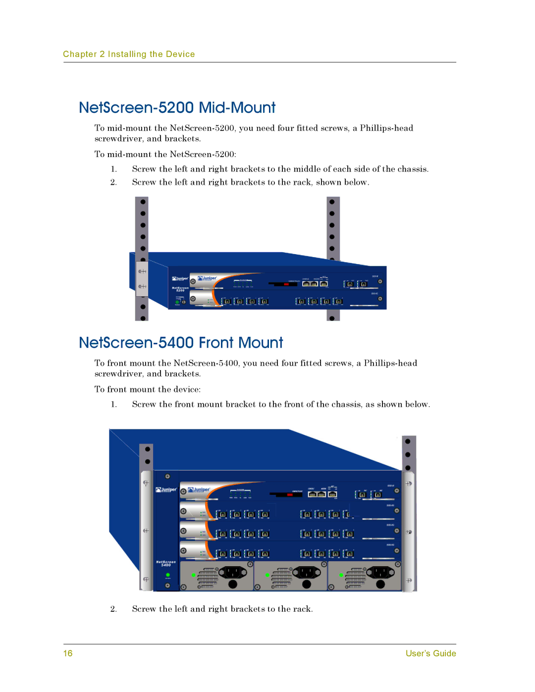 Juniper Networks 5000 manual NetScreen-5200 Mid-Mount, NetScreen-5400 Front Mount 