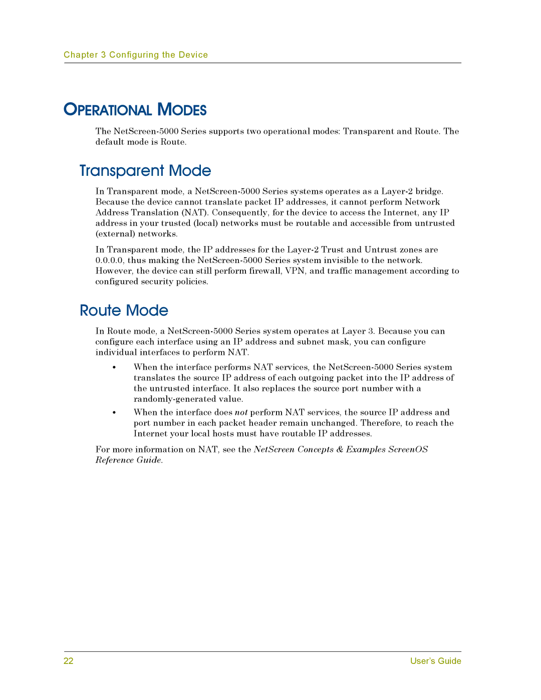 Juniper Networks 5000 manual Transparent Mode, Route Mode, Operational Modes 