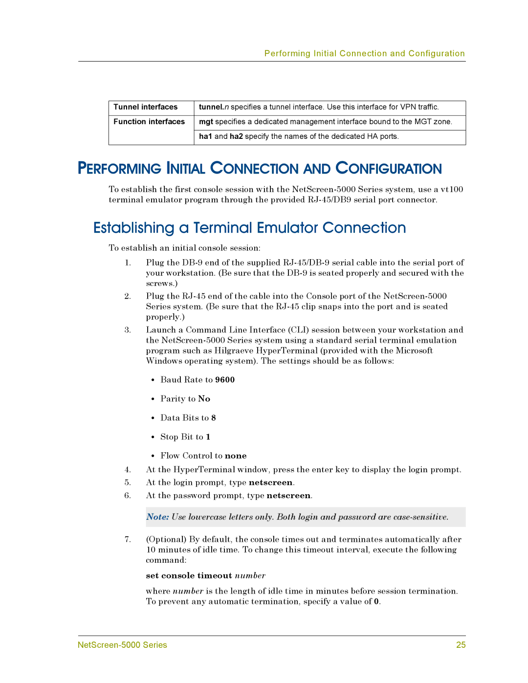 Juniper Networks 5000 manual Establishing a Terminal Emulator Connection, Performing Initial Connection and Configuration 