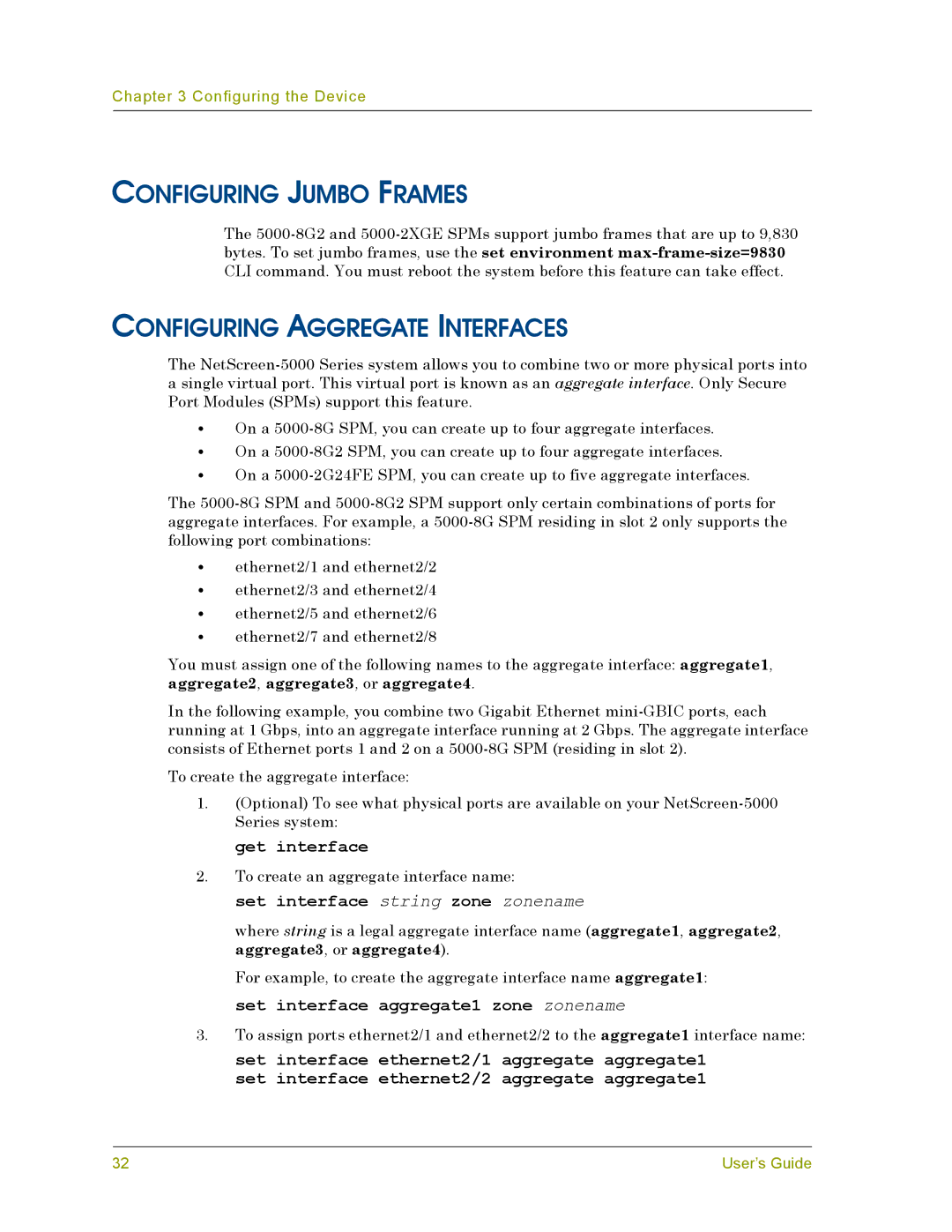 Juniper Networks 5000 manual Configuring Jumbo Frames, Configuring Aggregate Interfaces 