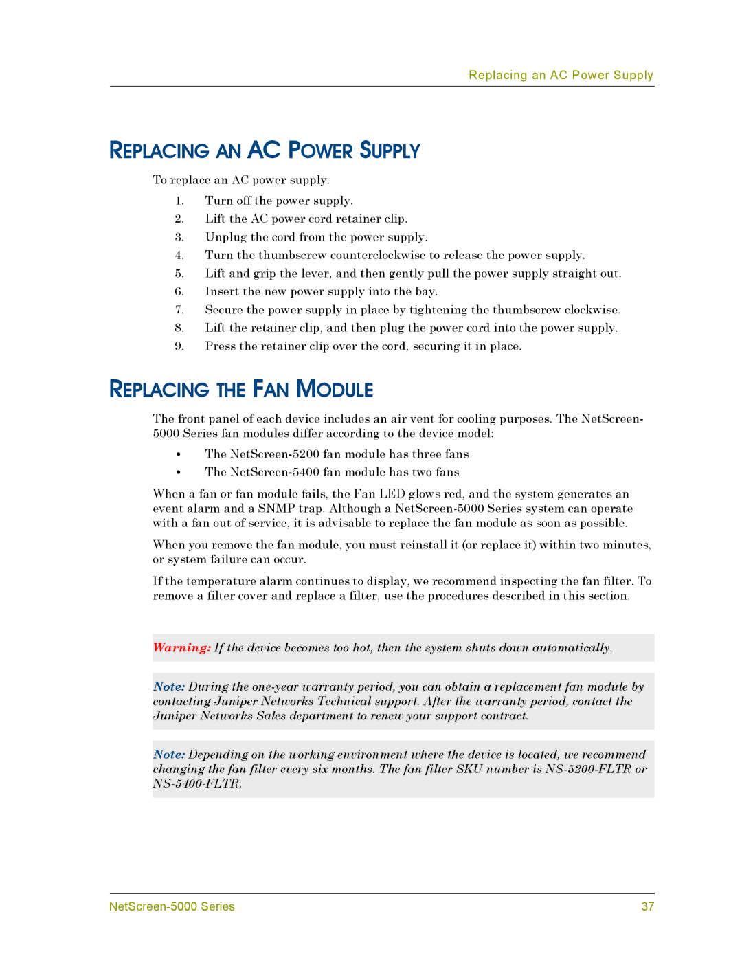 Juniper Networks 5000 manual Replacing AN AC Power Supply, Replacing the FAN Module 