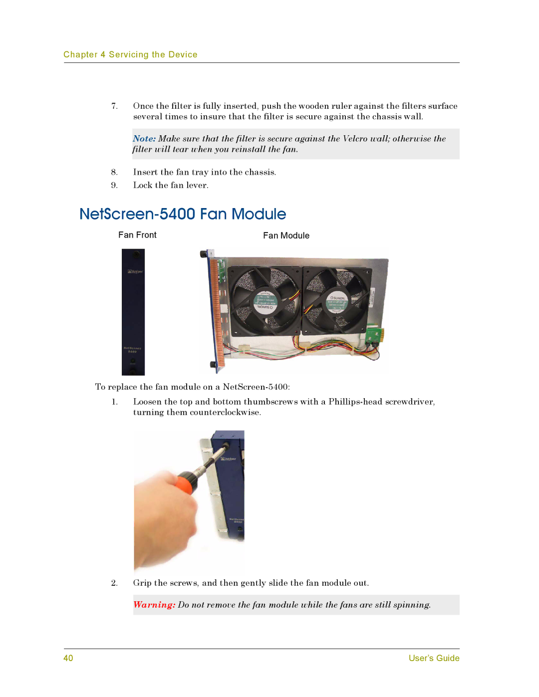 Juniper Networks 5000 manual NetScreen-5400 Fan Module 