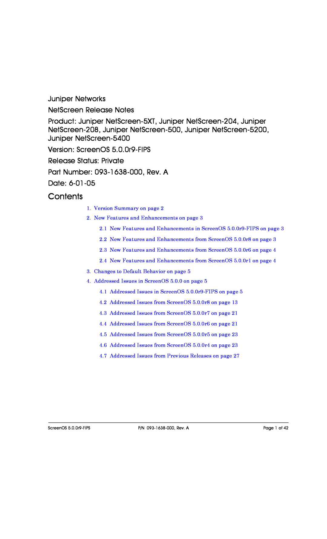 Juniper Networks 208, 5200, 204, 500, 5XT, 5400 manual Contents, Juniper Networks NetScreen Release Notes 