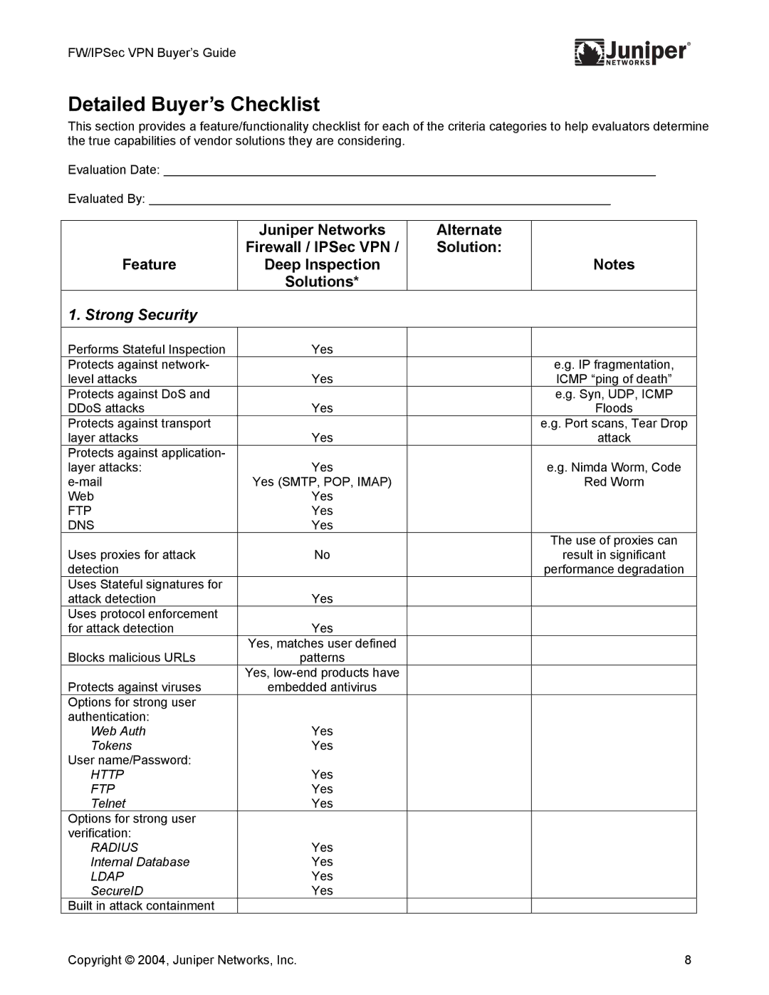 Juniper Networks 710008-001 manual Detailed Buyer’s Checklist, Strong Security, Ftp, Dns 