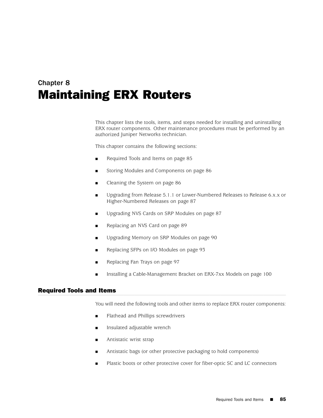 Juniper Networks 8 manual Maintaining ERX Routers, Required Tools and Items 