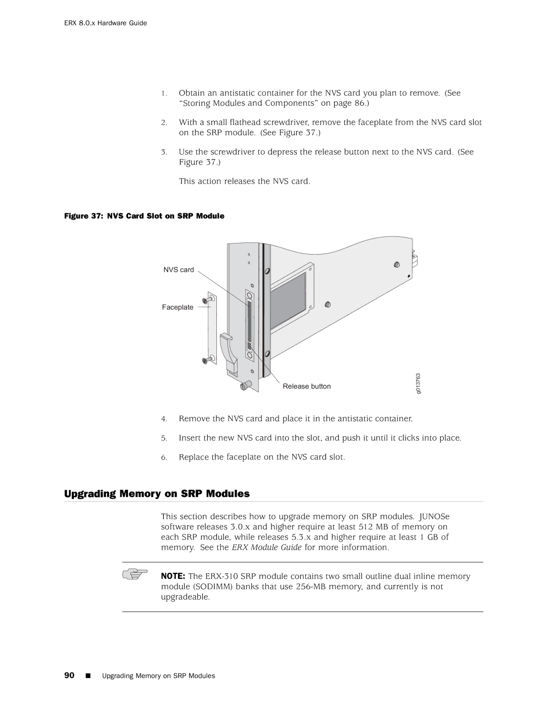 Juniper Networks 8 manual Upgrading Memory on SRP Modules, NVS Card Slot on SRP Module 