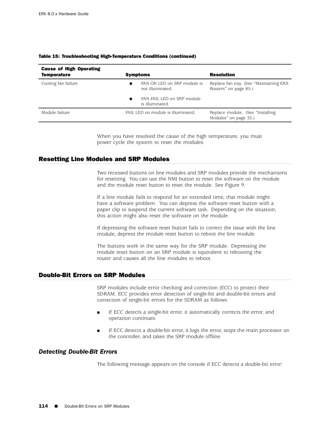 Juniper Networks 8 Resetting Line Modules and SRP Modules, Double-Bit Errors on SRP Modules, Detecting Double-Bit Errors 