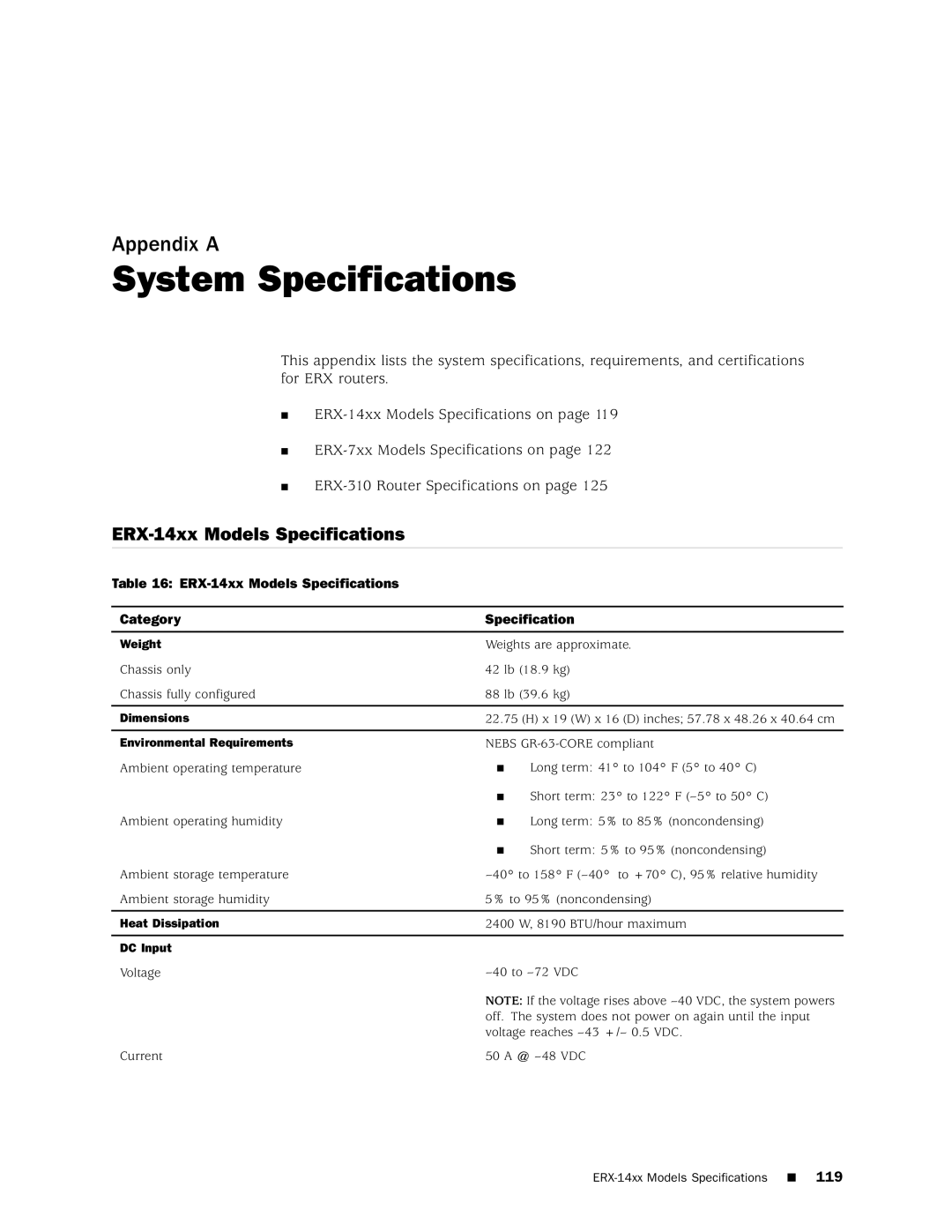 Juniper Networks 8 manual System Specifications, ERX-14xx Models Specifications Category 