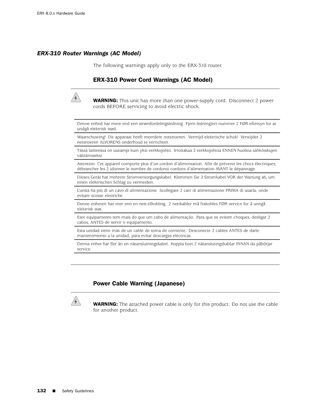 Juniper Networks 8 manual ERX-310 Router Warnings AC Model, ERX-310 Power Cord Warnings AC Model 