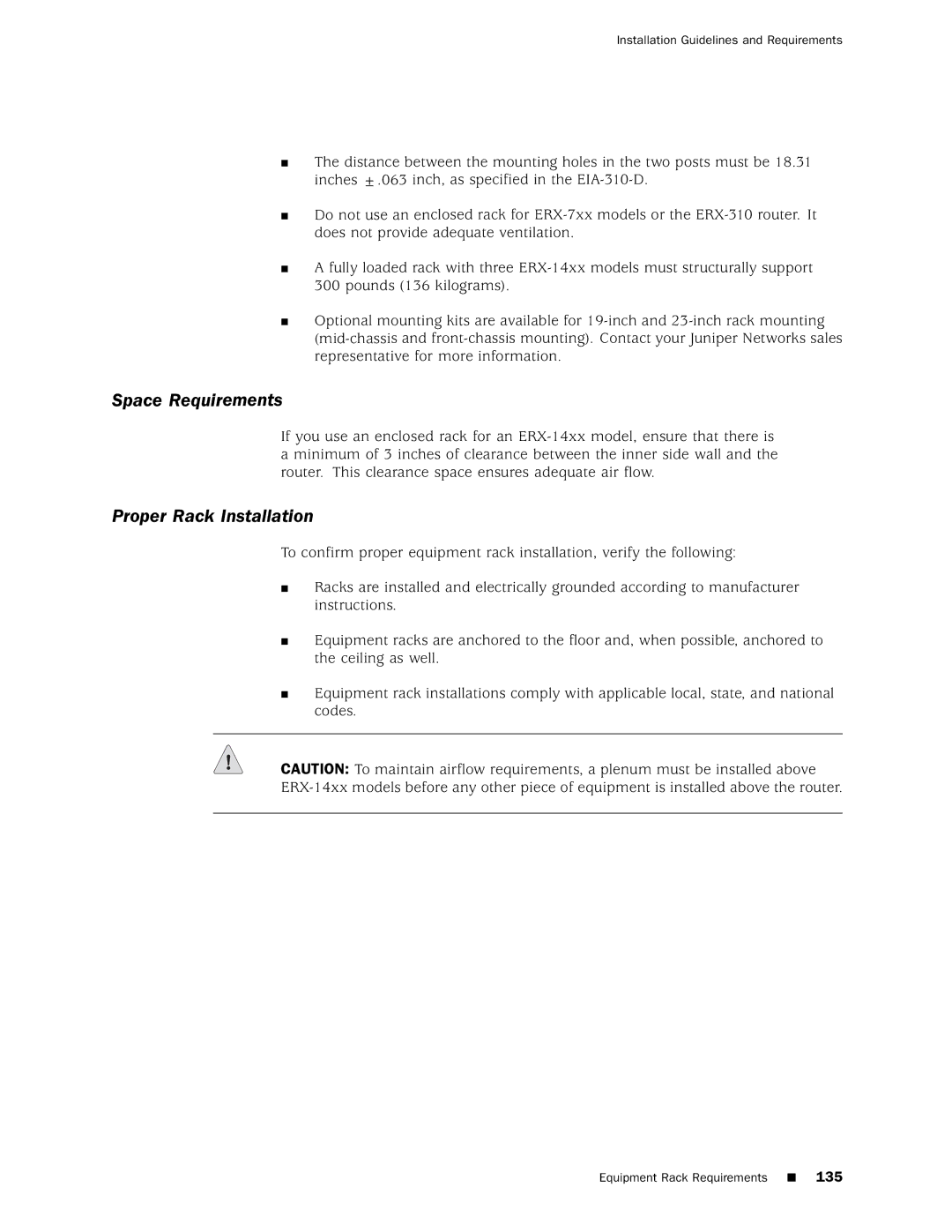 Juniper Networks 8 manual Space Requirements, Proper Rack Installation 