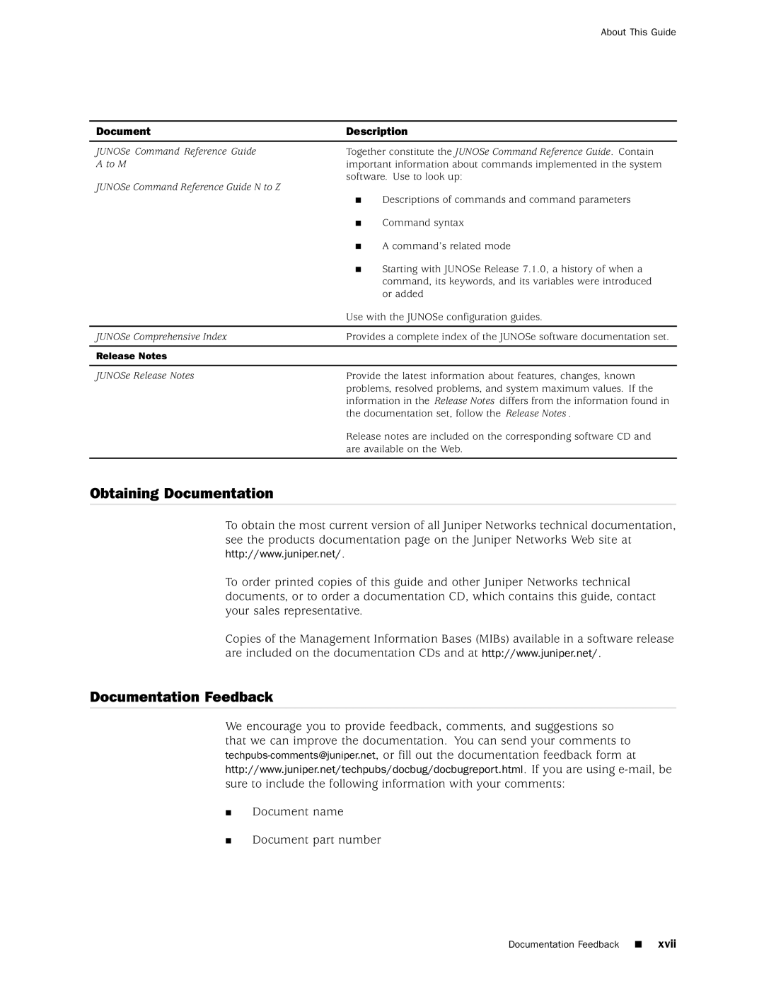 Juniper Networks 8 manual Obtaining Documentation, Documentation Feedback 