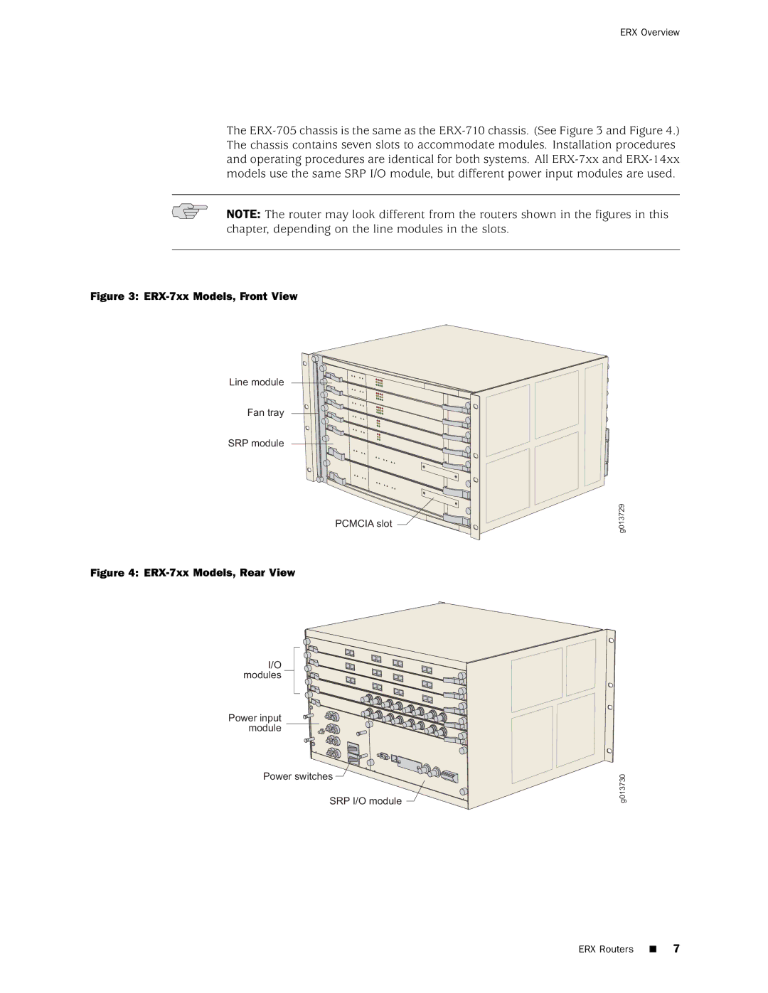 Juniper Networks 8 manual ERX-7xx Models, Front View 