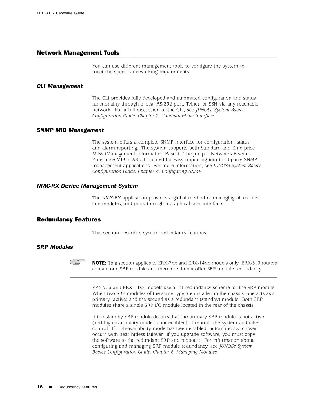 Juniper Networks 8 manual Network Management Tools, Redundancy Features 