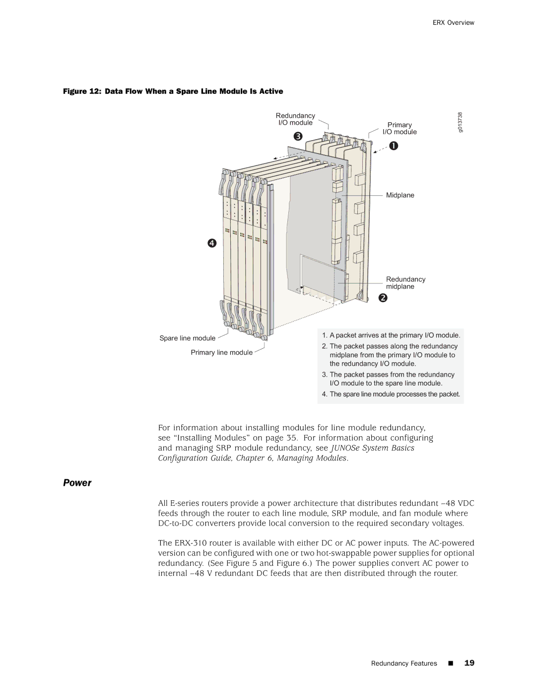 Juniper Networks 8 manual Power, Data Flow When a Spare Line Module Is Active 