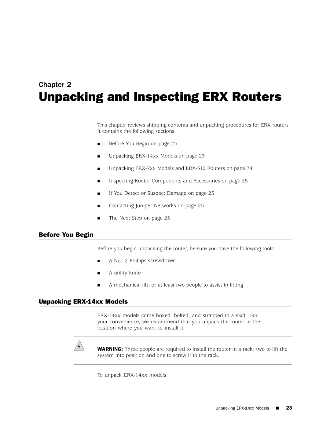 Juniper Networks 8 manual Unpacking and Inspecting ERX Routers, Before You Begin, Unpacking ERX-14xx Models 