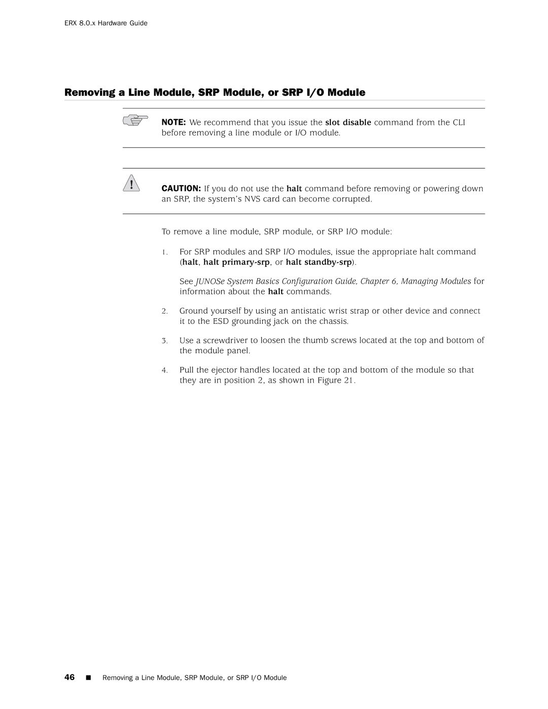 Juniper Networks 8 manual Removing a Line Module, SRP Module, or SRP I/O Module 