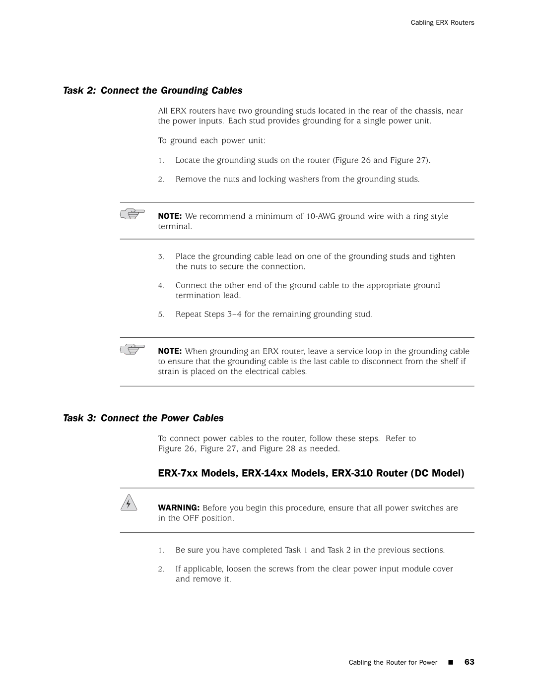 Juniper Networks 8 manual Task 2 Connect the Grounding Cables, Task 3 Connect the Power Cables 