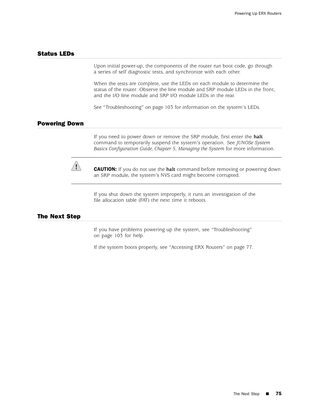 Juniper Networks 8 manual Status LEDs, Powering Down 