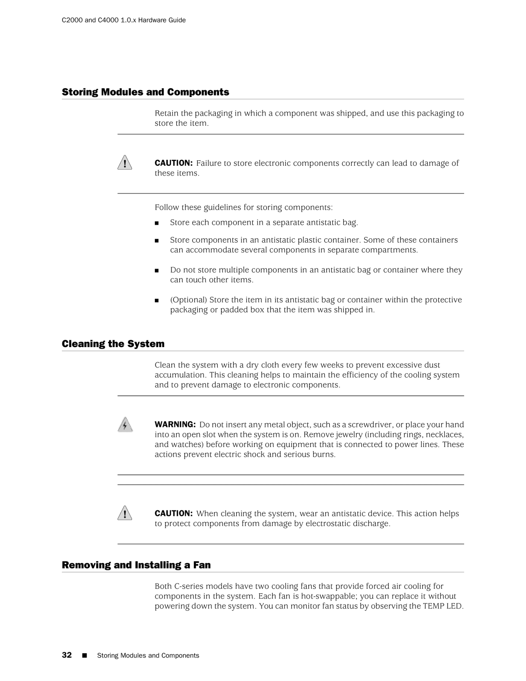Juniper Networks C4000, C2000 manual Storing Modules and Components, Cleaning the System, Removing and Installing a Fan 