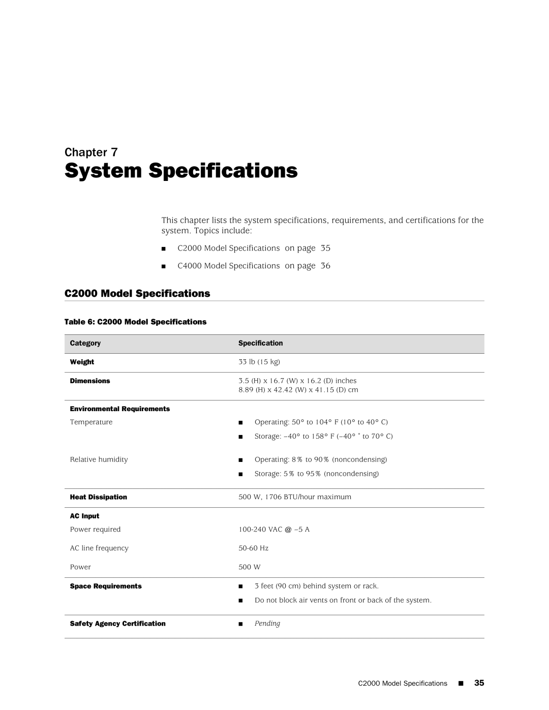 Juniper Networks C4000 manual System Specifications, C2000 Model Specifications 