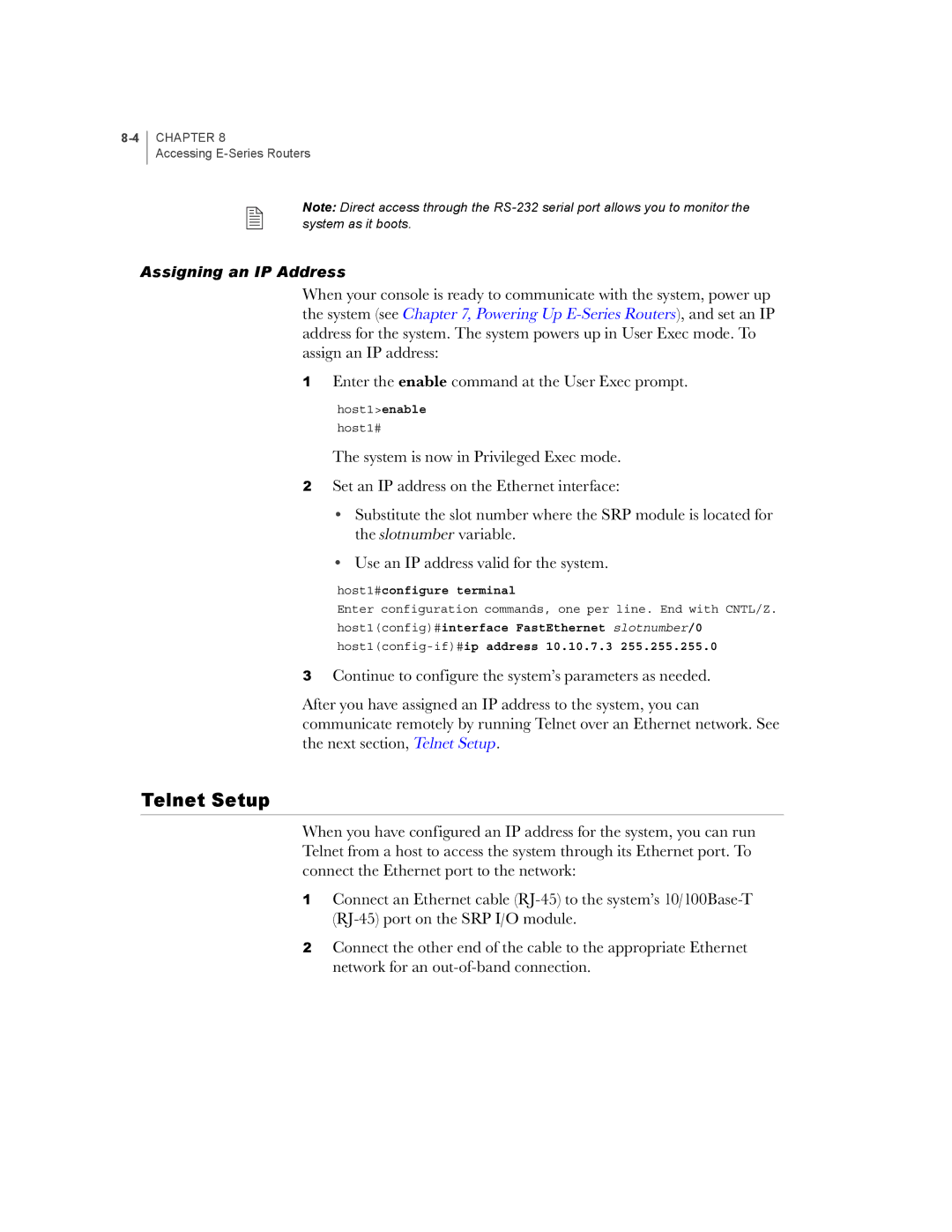 Juniper Networks E-Series manual Telnet Setup 