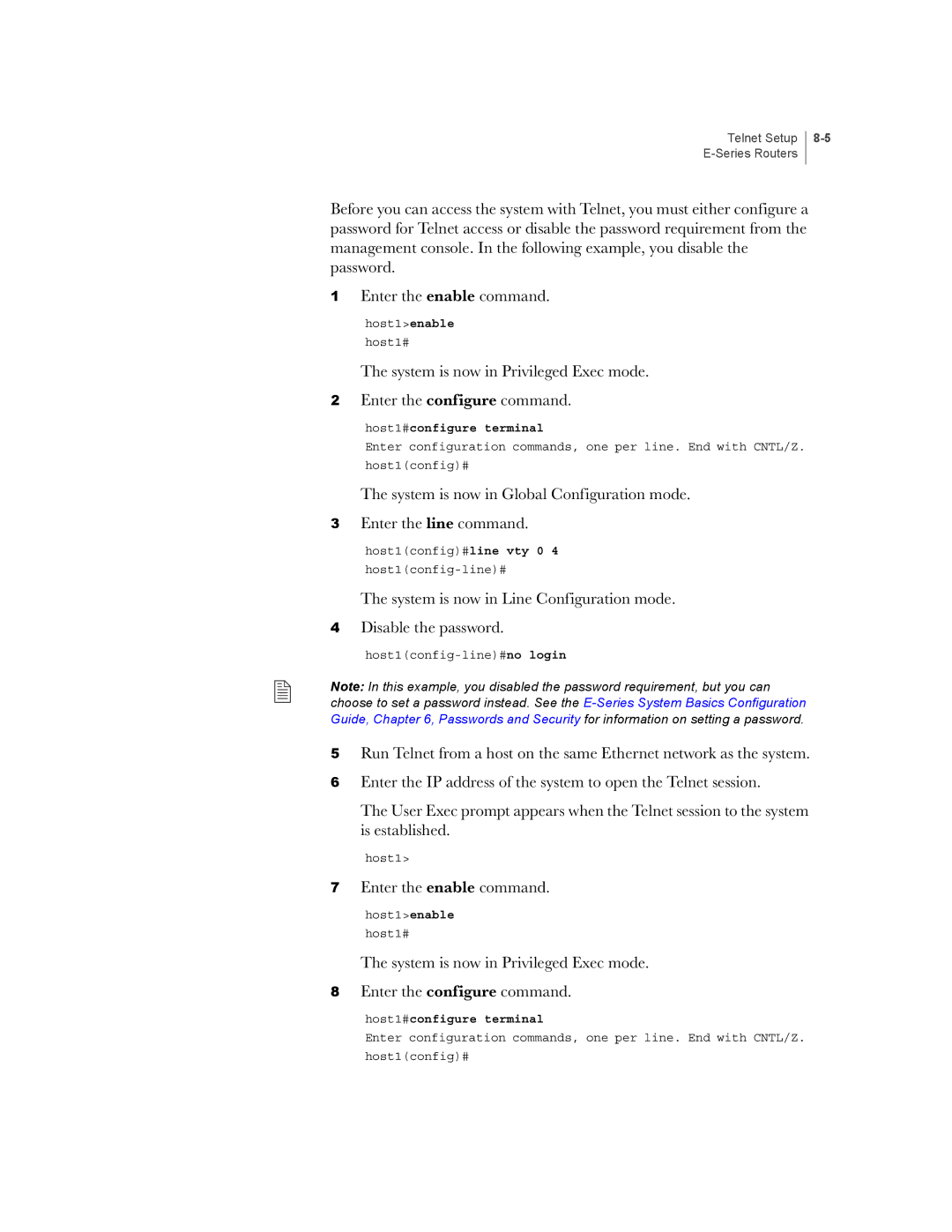 Juniper Networks E-Series manual Host1config#line vty 0 Host1config-line# 