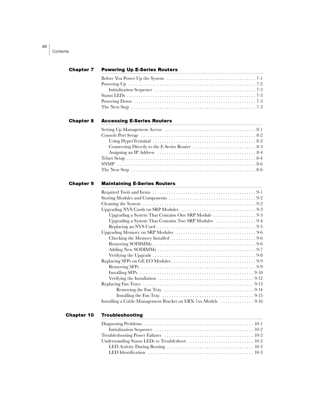 Juniper Networks manual Powering Up E-Series Routers, Xii 