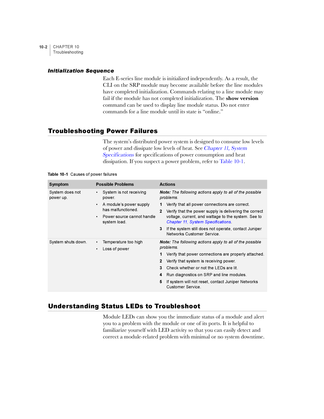 Juniper Networks E-Series manual Troubleshooting Power Failures, Understanding Status LEDs to Troubleshoot, 10-2 