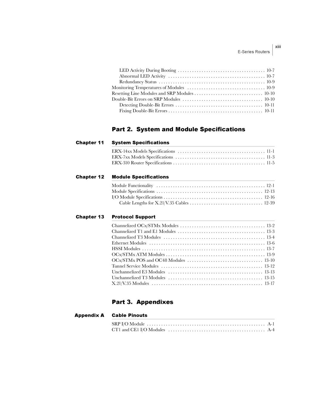 Juniper Networks E-Series manual Part 2. System and Module Specifications, Xiii 