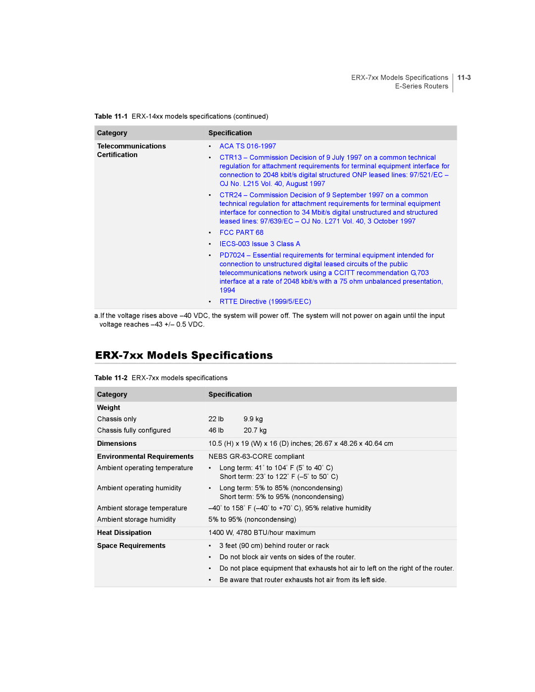 Juniper Networks E-Series manual ERX-7xx Models Specifications, 11-3 