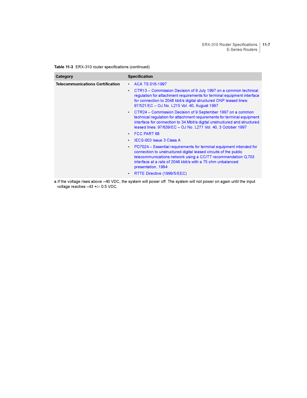 Juniper Networks E-Series manual 11-7, Category Specification Telecommunications Certification 