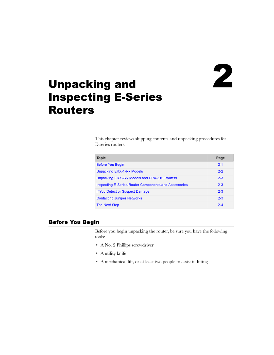 Juniper Networks manual Unpacking Inspecting E-Series Routers, Before You Begin 