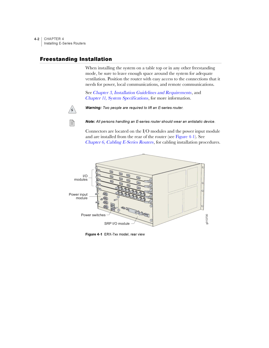 Juniper Networks E-Series manual Freestanding Installation, 1ERX-7xx model, rear view 