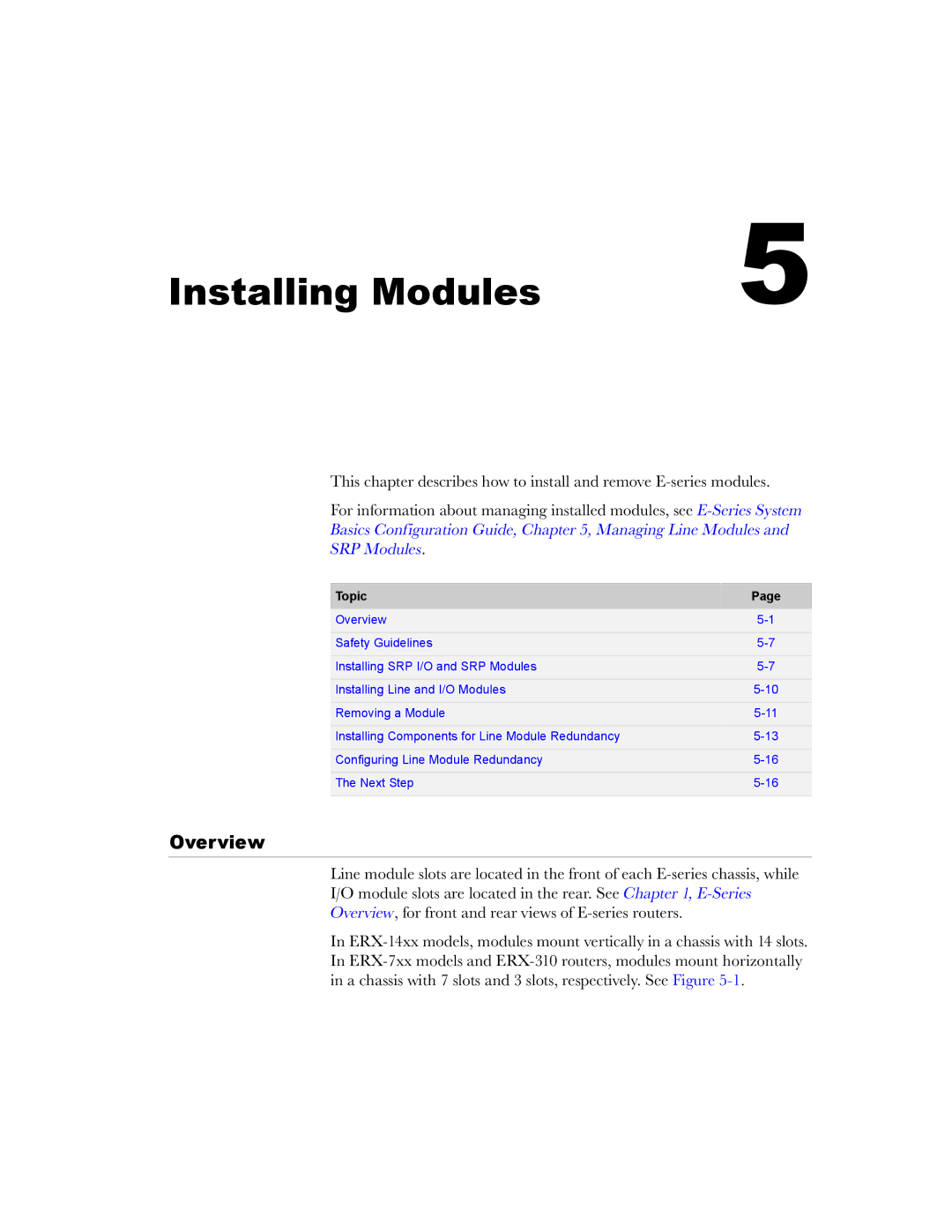 Juniper Networks E-Series manual Installing Modules, Overview 