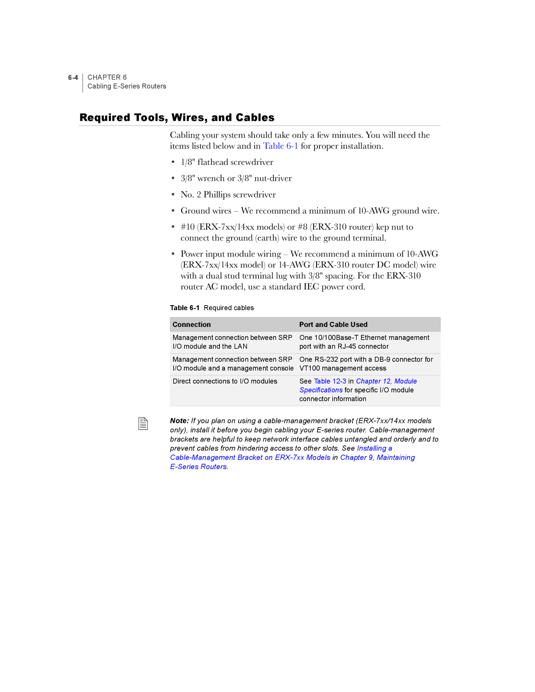 Juniper Networks E-Series manual Required Tools, Wires, and Cables, Connection Port and Cable Used 