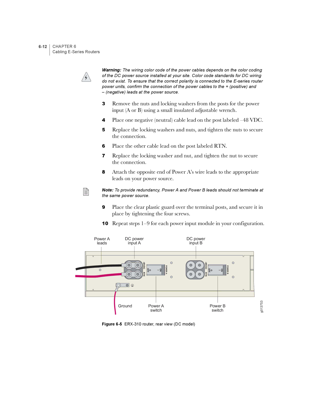 Juniper Networks E-Series manual Negative leads at the power source 