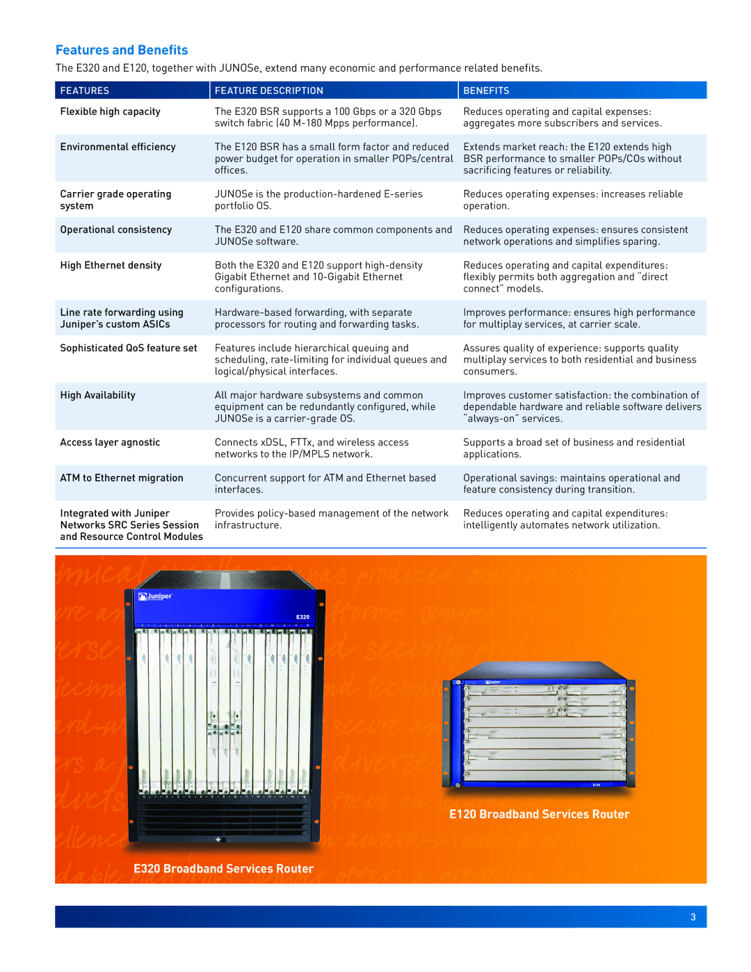 Juniper Networks E120, E320 manual Features and Benefits, Features Feature Description Benefits 