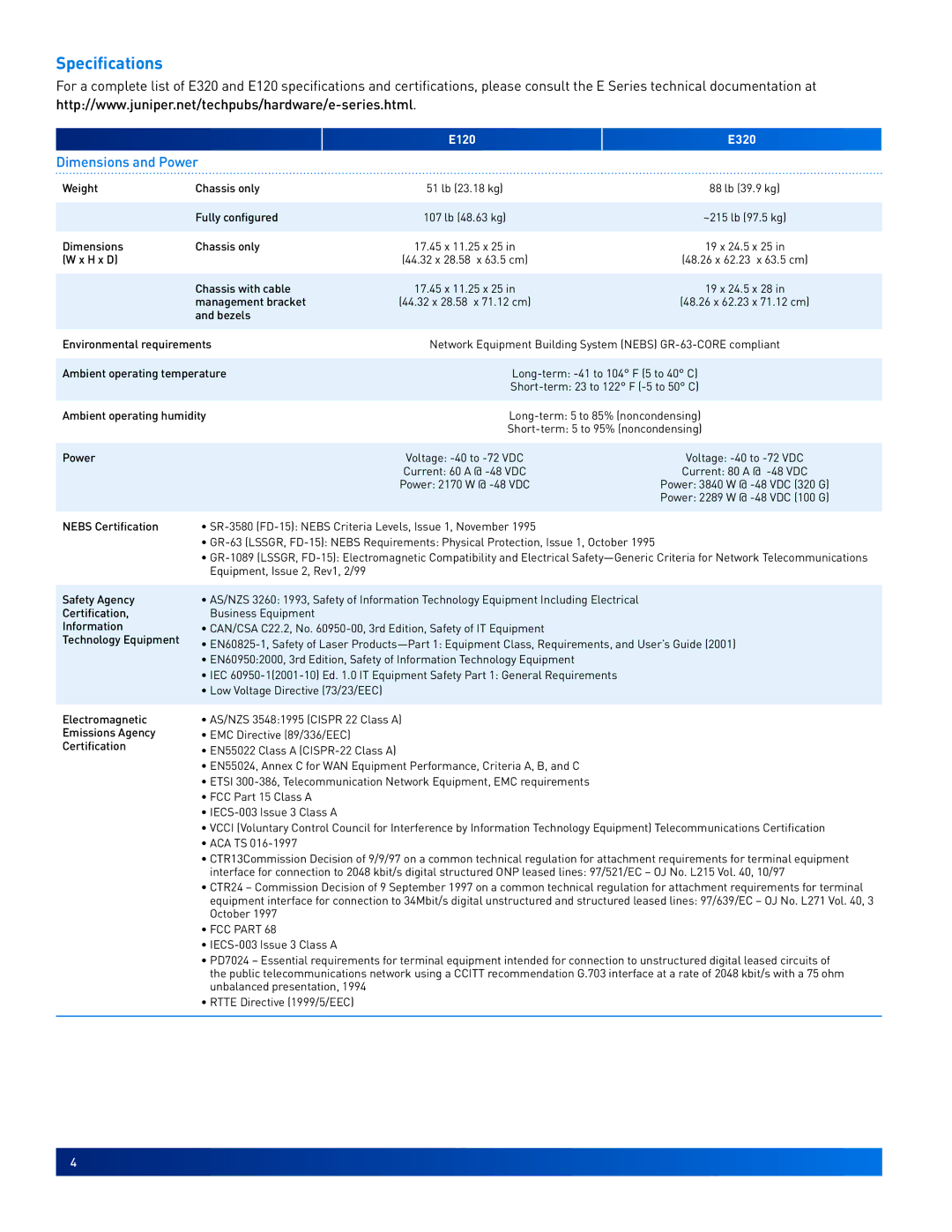 Juniper Networks E320, E120 manual Specifications, Dimensions and Power, FCC Part 