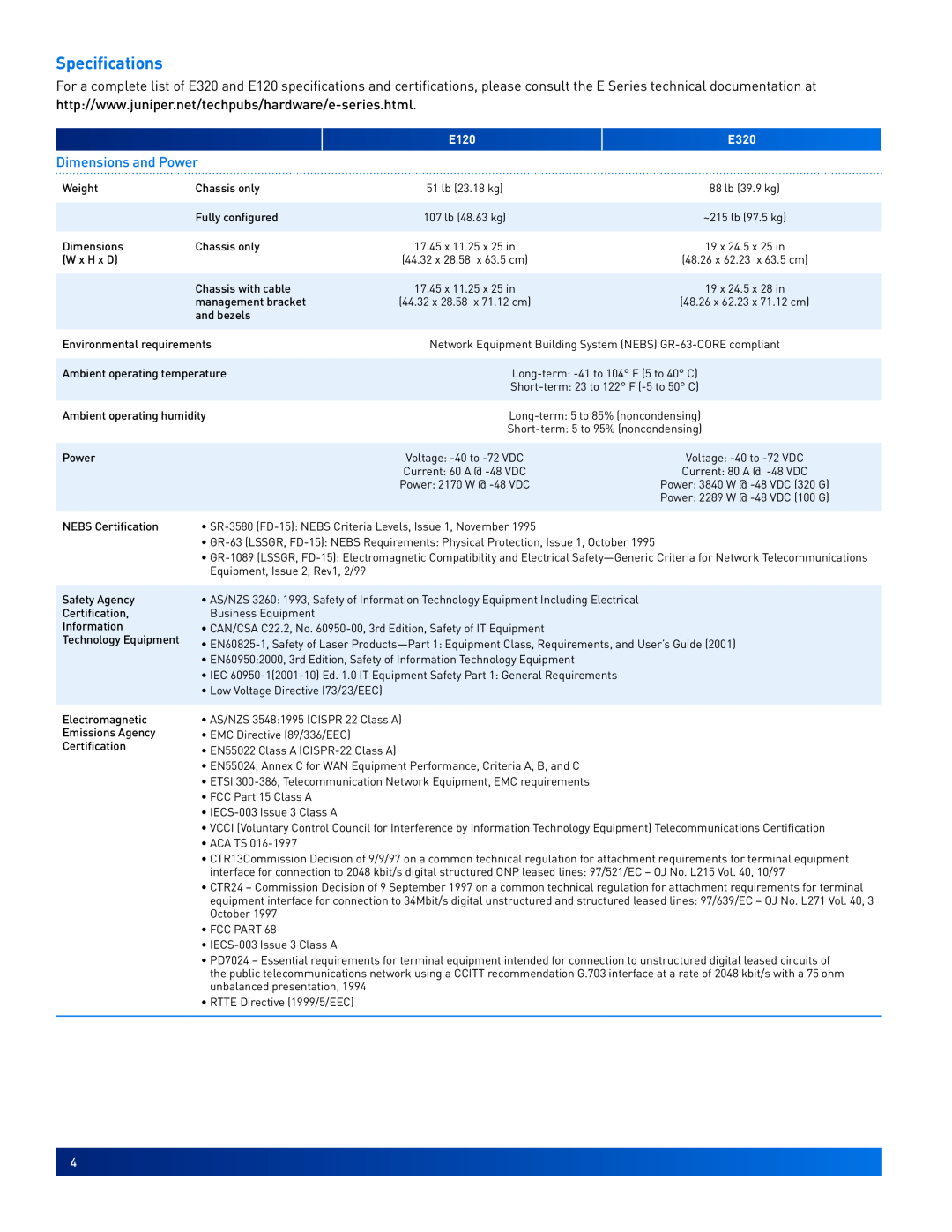 Juniper Networks E320 manual Specifications, Dimensions and Power, E120 