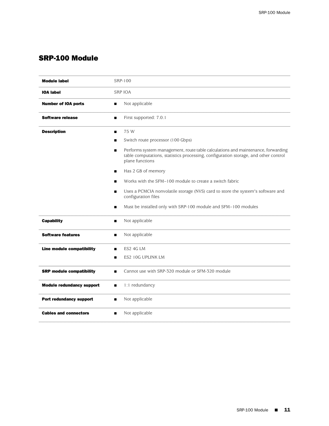 Juniper Networks E320 manual SRP-100 Module, IOA label, Number of IOA ports, Module redundancy support 