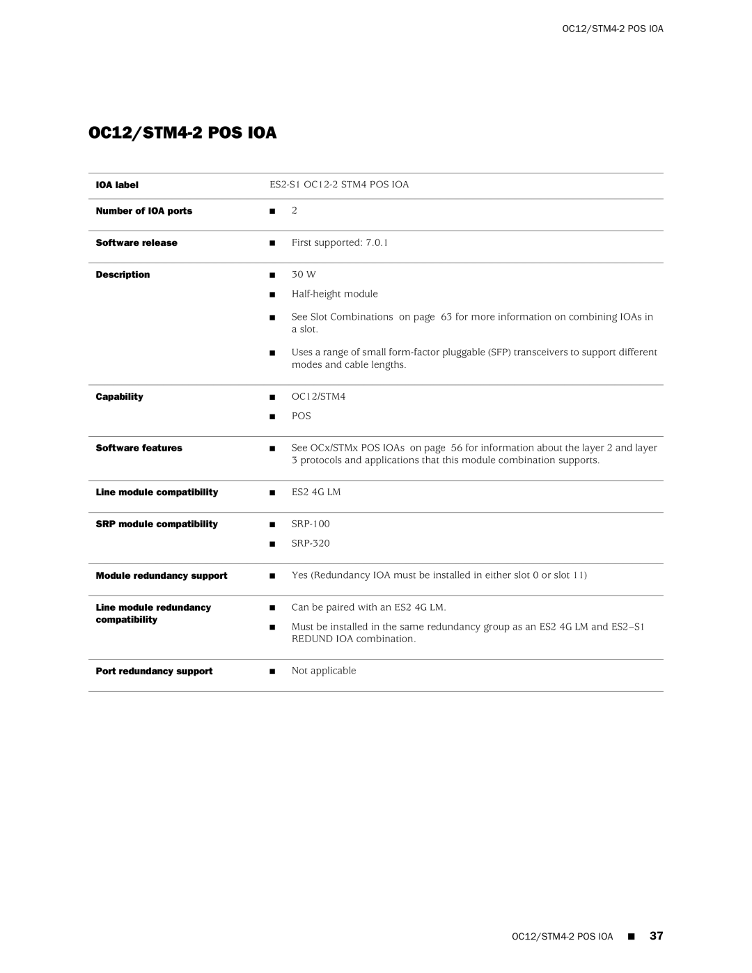 Juniper Networks E320 manual OC12/STM4-2 POS IOA, Module redundancy support 