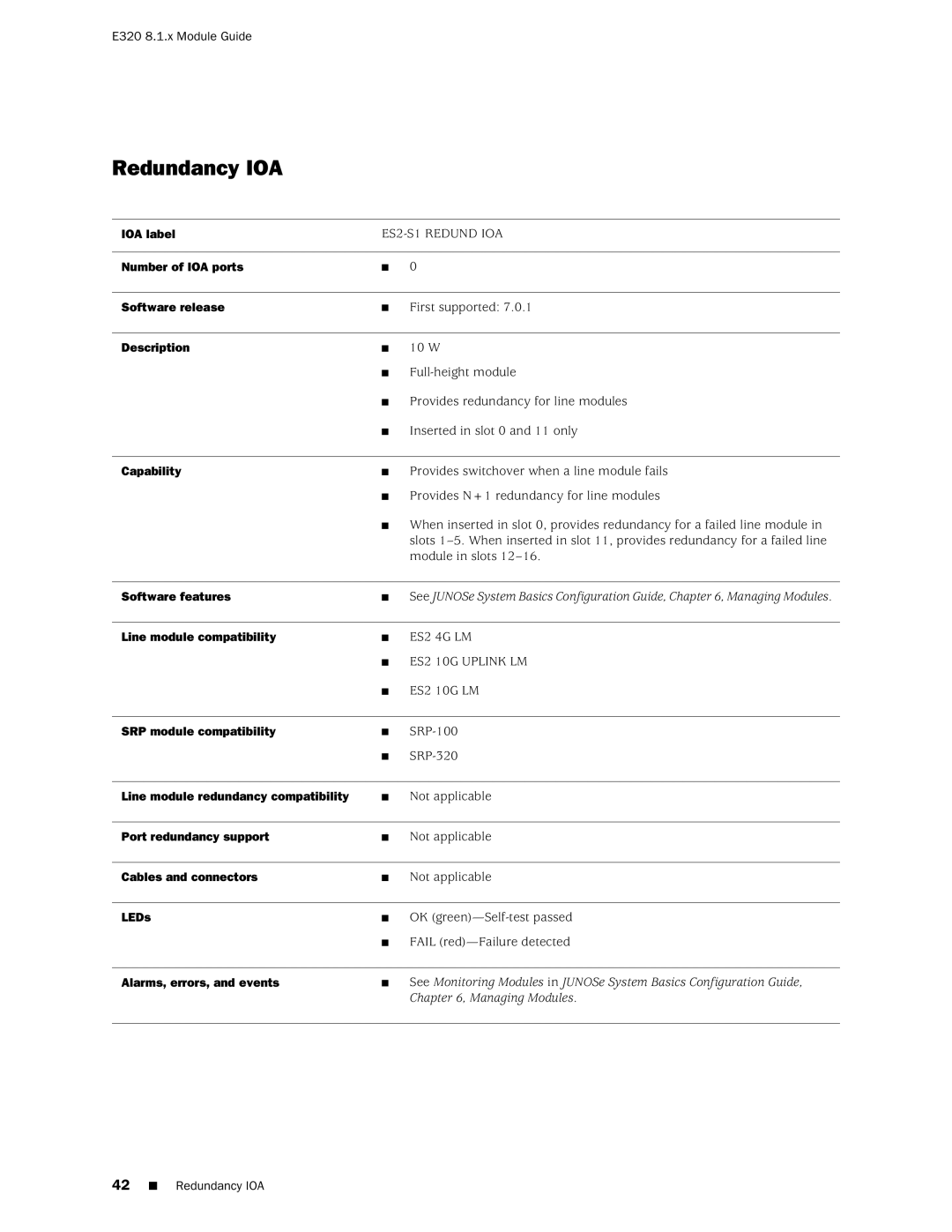 Juniper Networks E320 manual Redundancy IOA, Line module redundancy compatibility 