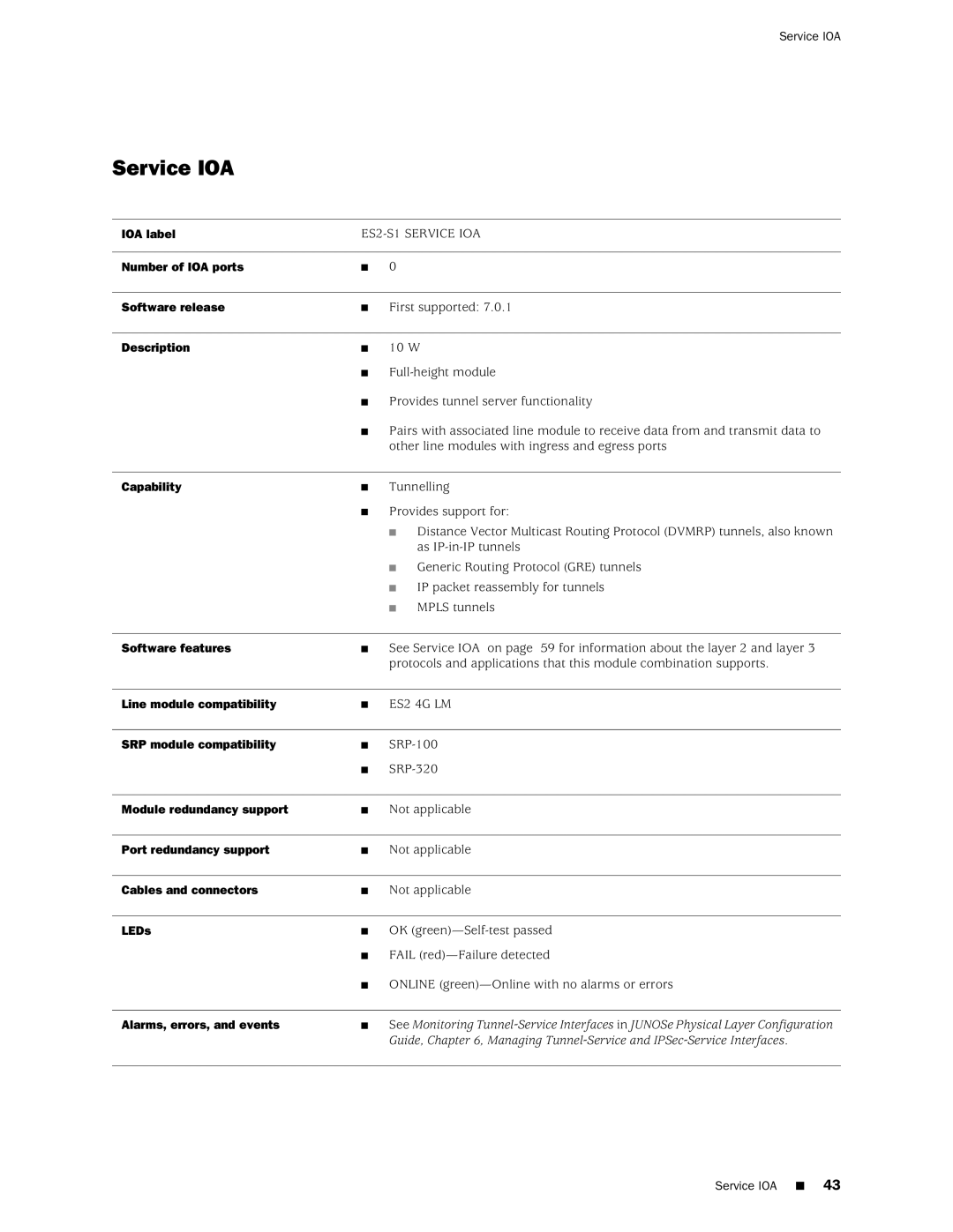 Juniper Networks E320 manual Service IOA, Module redundancy support 