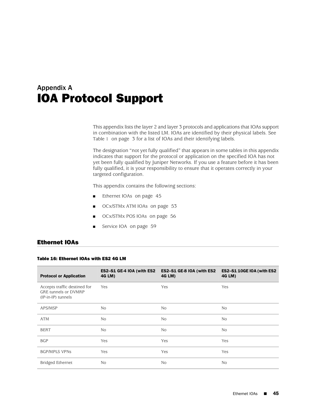 Juniper Networks E320 manual IOA Protocol Support, Ethernet IOAs with ES2 4G LM 