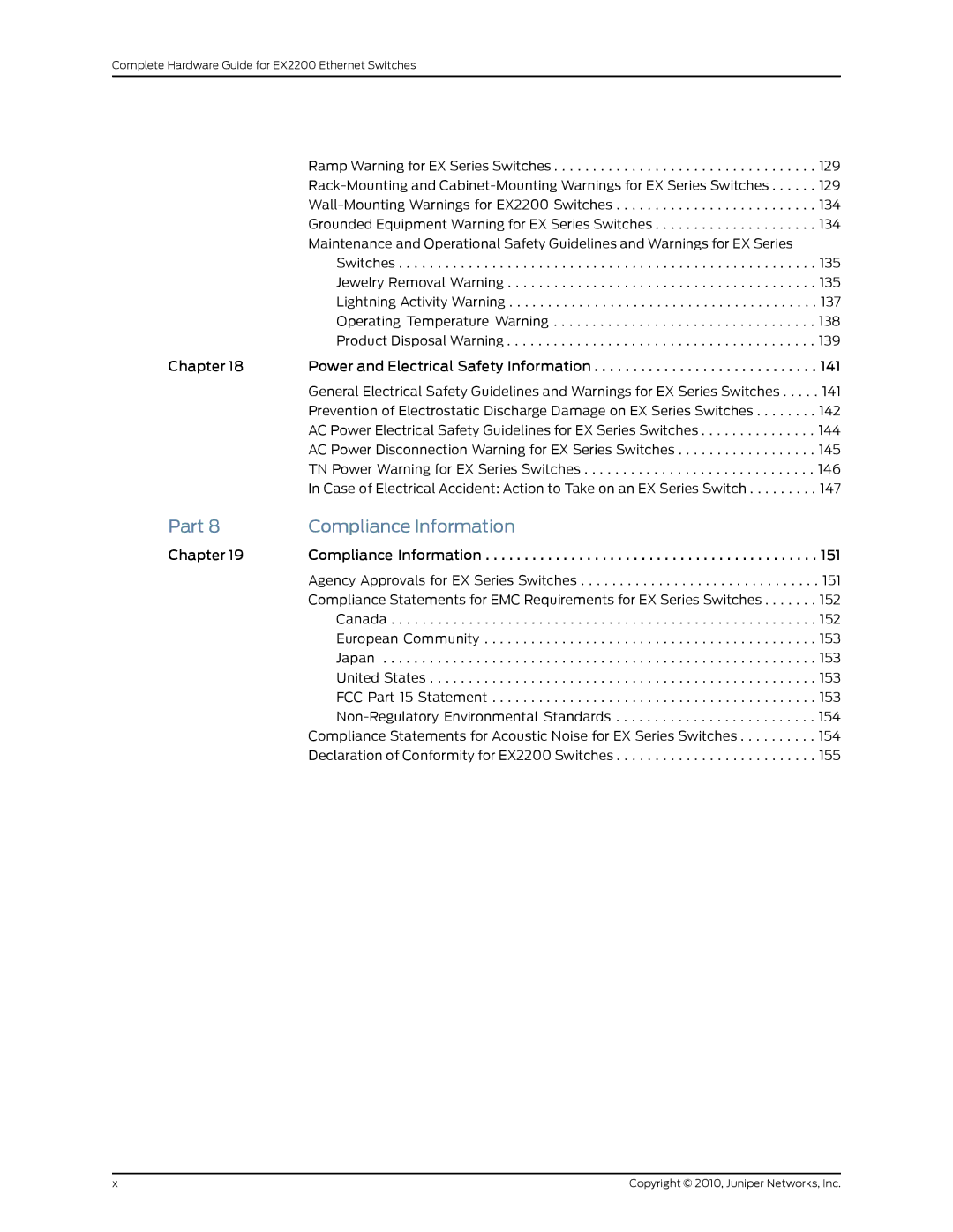 Juniper Networks EX2200 manual Part Compliance Information, Chapter Power and Electrical Safety Information 