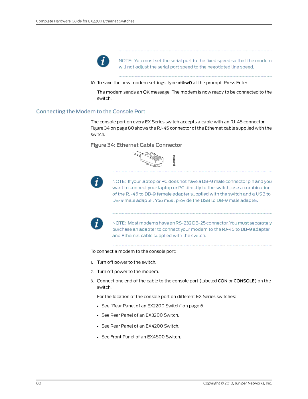 Juniper Networks EX2200 manual Connecting the Modem to the Console Port, Ethernet Cable Connector 