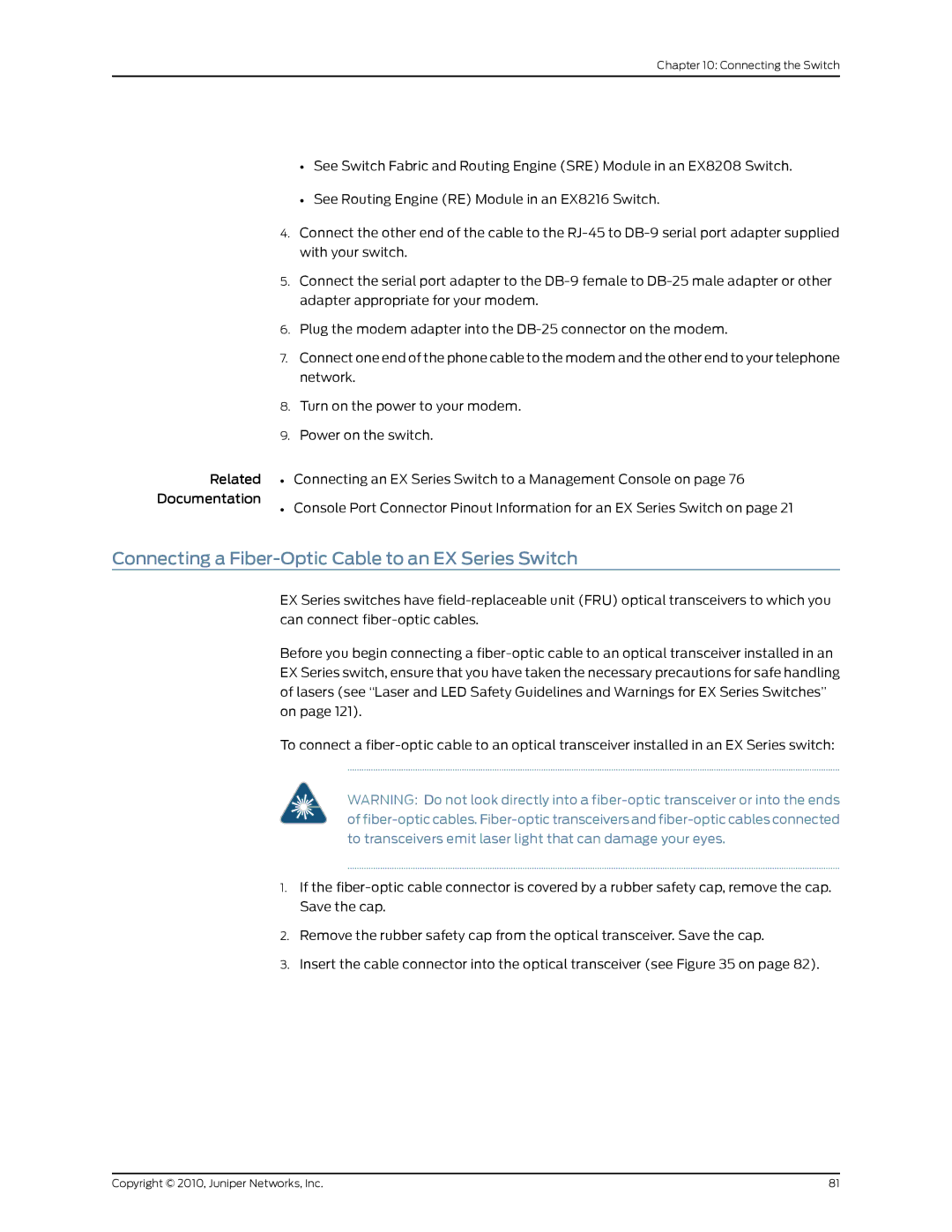 Juniper Networks EX2200 manual Connecting a Fiber-Optic Cable to an EX Series Switch 