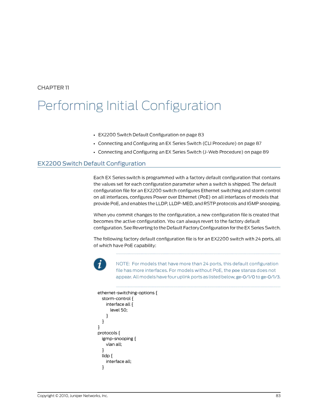 Juniper Networks manual Performing Initial Configuration, EX2200 Switch Default Configuration 