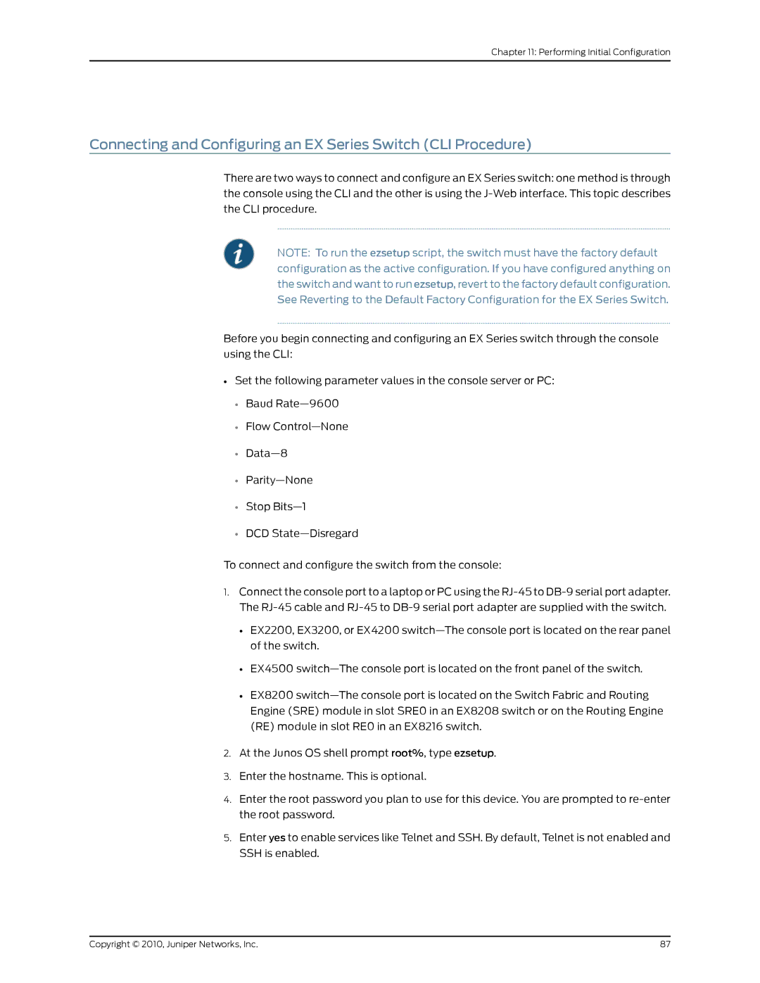 Juniper Networks EX2200 manual Connecting and Configuring an EX Series Switch CLI Procedure 